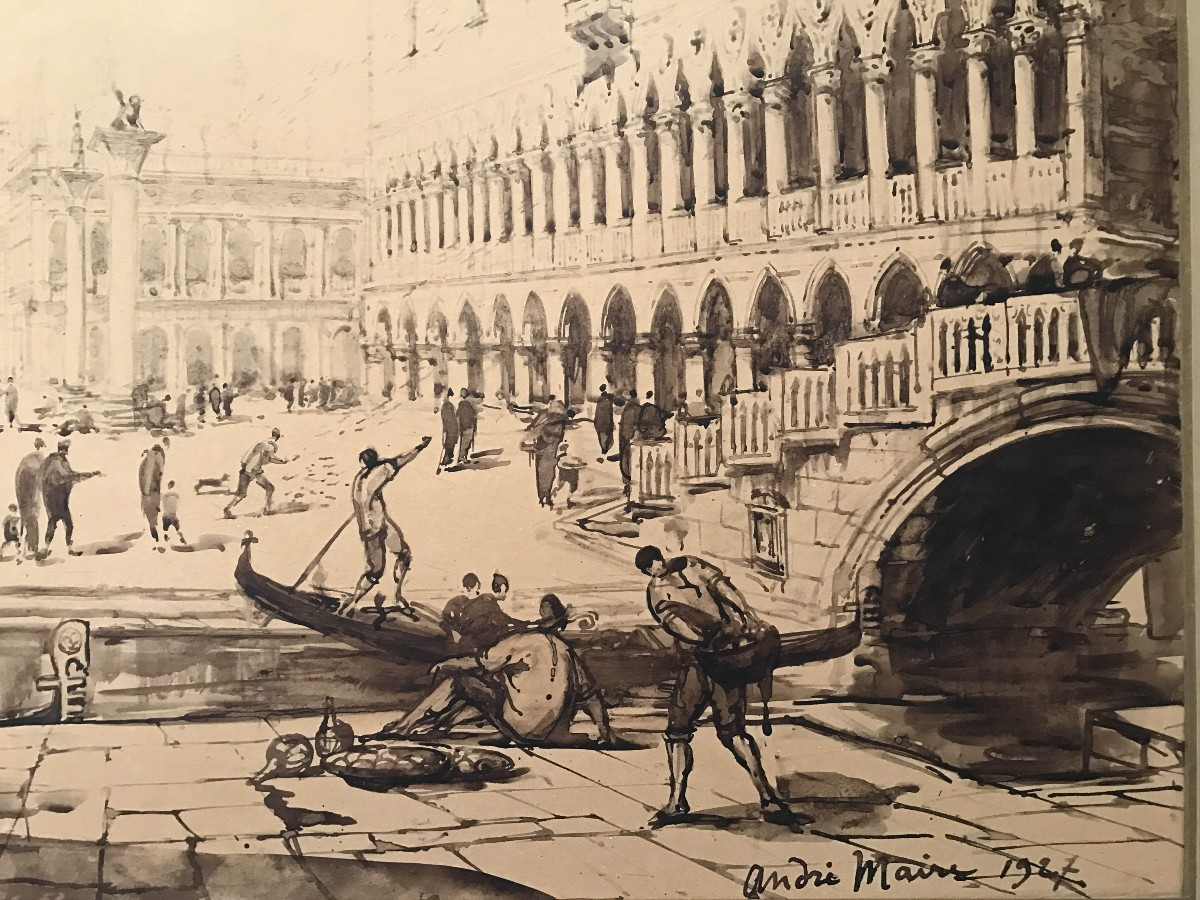 Venise. André Maire. Grand lavis sur papier. 1927. Palais de Doges. Basilique Saint Marc.-photo-5