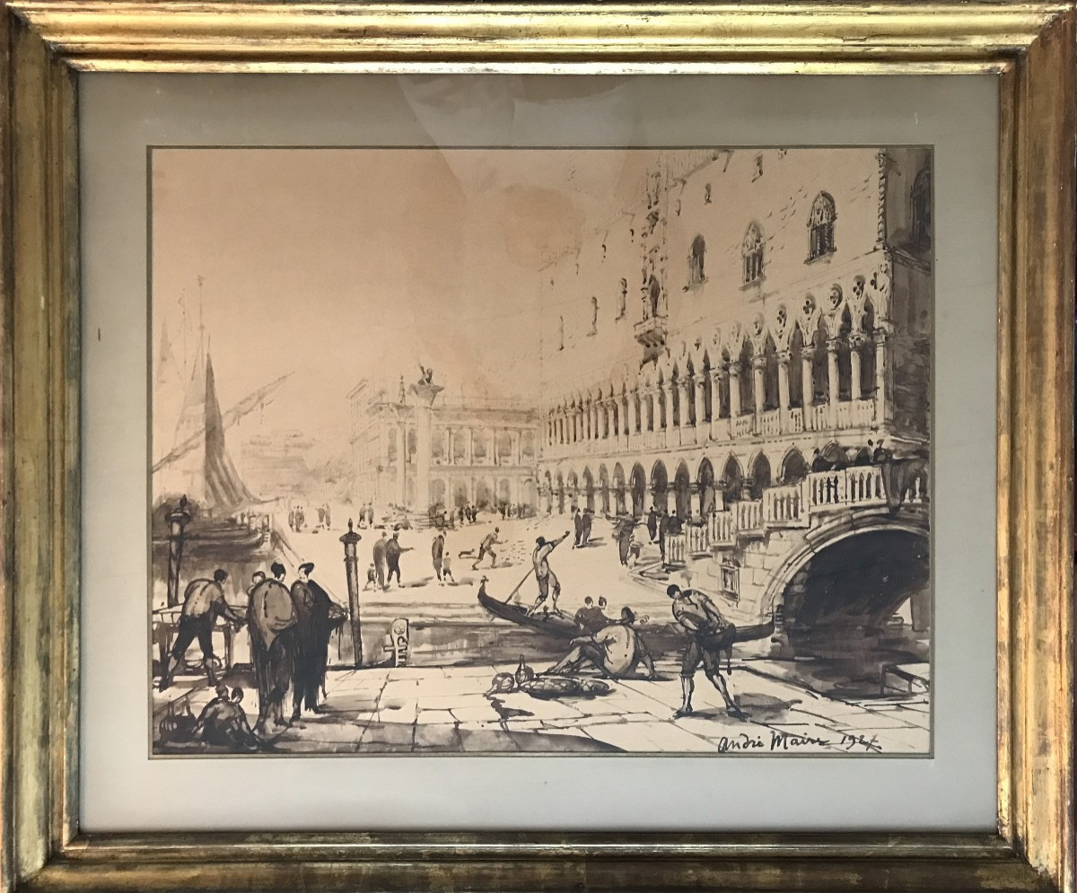 Venise. André Maire. Grand lavis sur papier. 1927. Palais de Doges. Basilique Saint Marc.