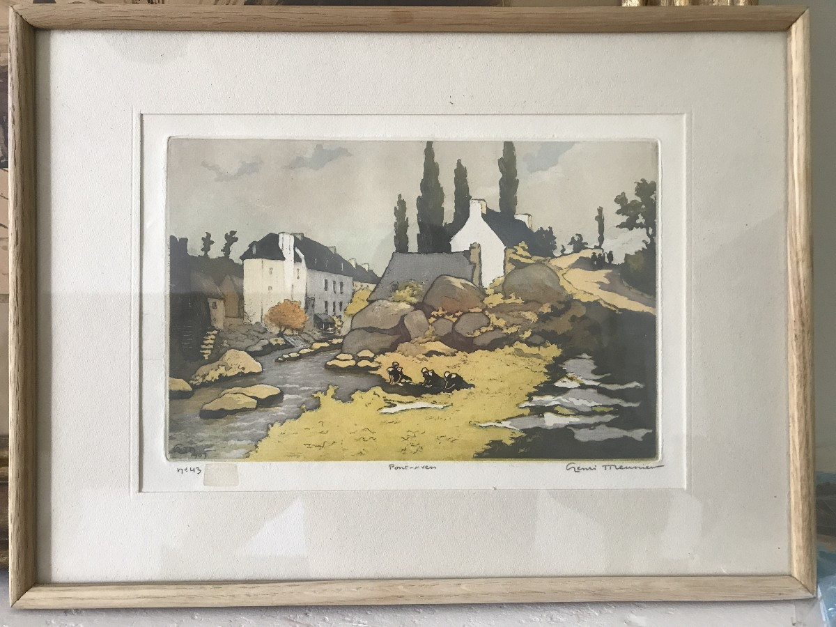 Pont Aven. Bretagne, eau forte vers 1907 signée Henri Meunier. Ecole Bretonne. Japonisme. -photo-2