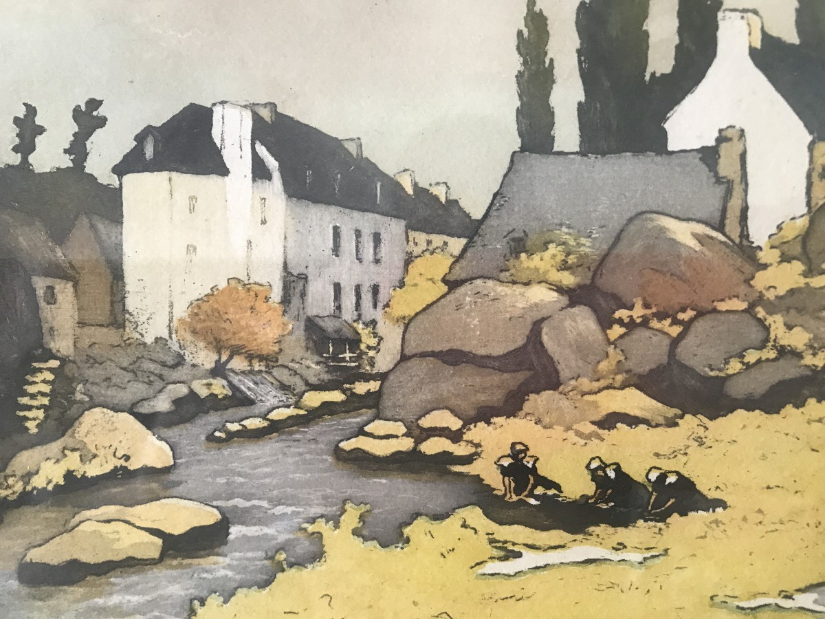 Pont Aven. Bretagne, eau forte vers 1907 signée Henri Meunier. Ecole Bretonne. Japonisme. -photo-3