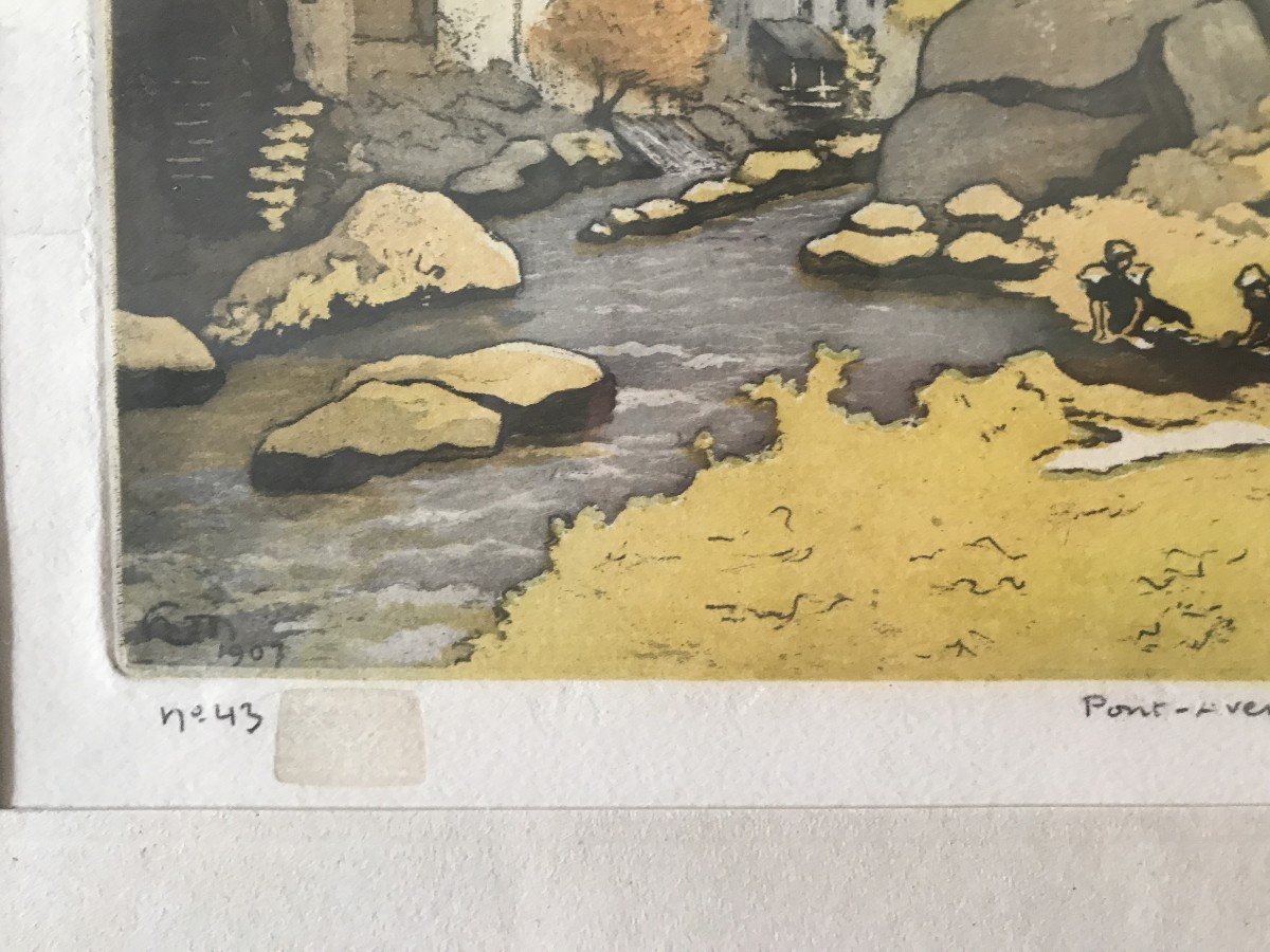 Pont Aven. Bretagne, eau forte vers 1907 signée Henri Meunier. Ecole Bretonne. Japonisme. -photo-4