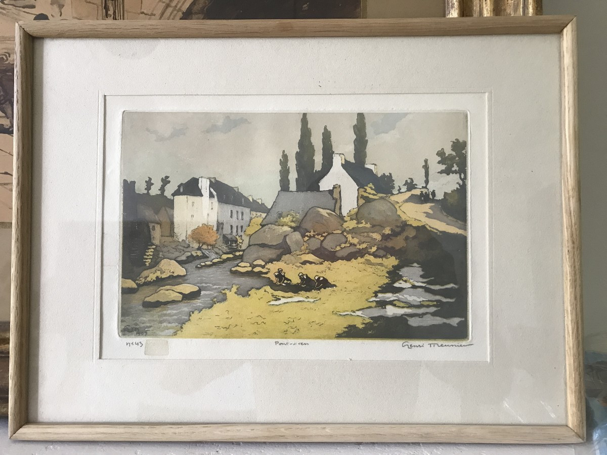 Pont Aven. Bretagne, eau forte vers 1907 signée Henri Meunier. Ecole Bretonne. Japonisme. 