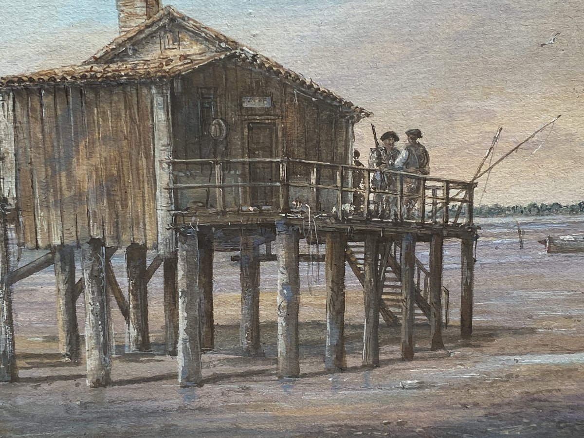 Vue du Bassin d'Arcachon Scène de Pêche Gouache sur Papier XXème siècle -photo-2