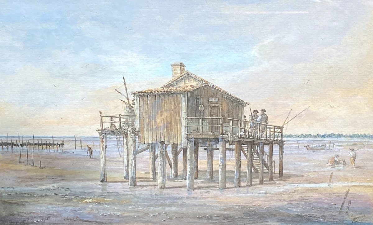 Vue du Bassin d'Arcachon Scène de Pêche Gouache sur Papier XXème siècle 