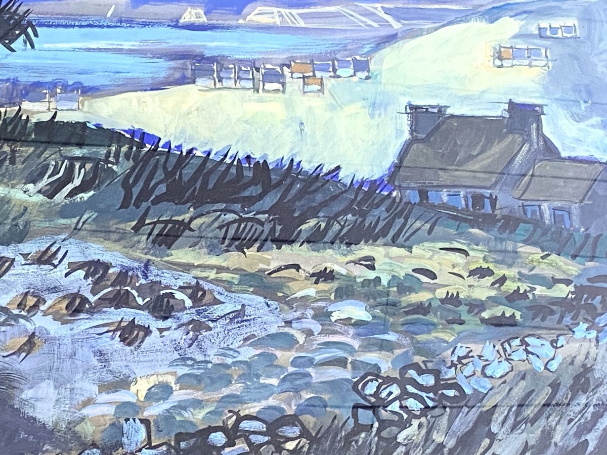 Landscape Scene In Brittany, Circa 1970, Gouache Signed By Roger Kérinec (1917–2001)