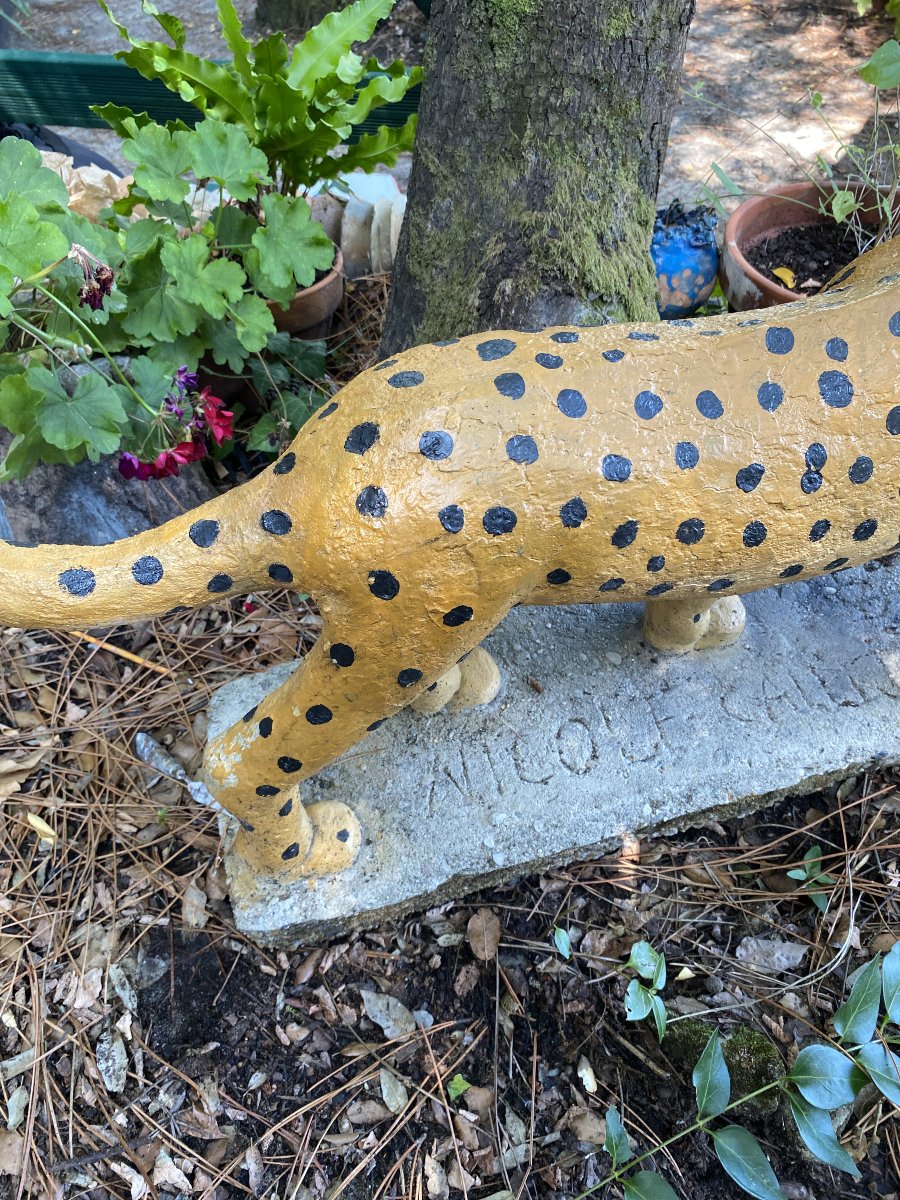 Alfonso Calleja Léopard Sculpture Animalière Années 70 Béton / Ciment Polychrome Art Brut-photo-1