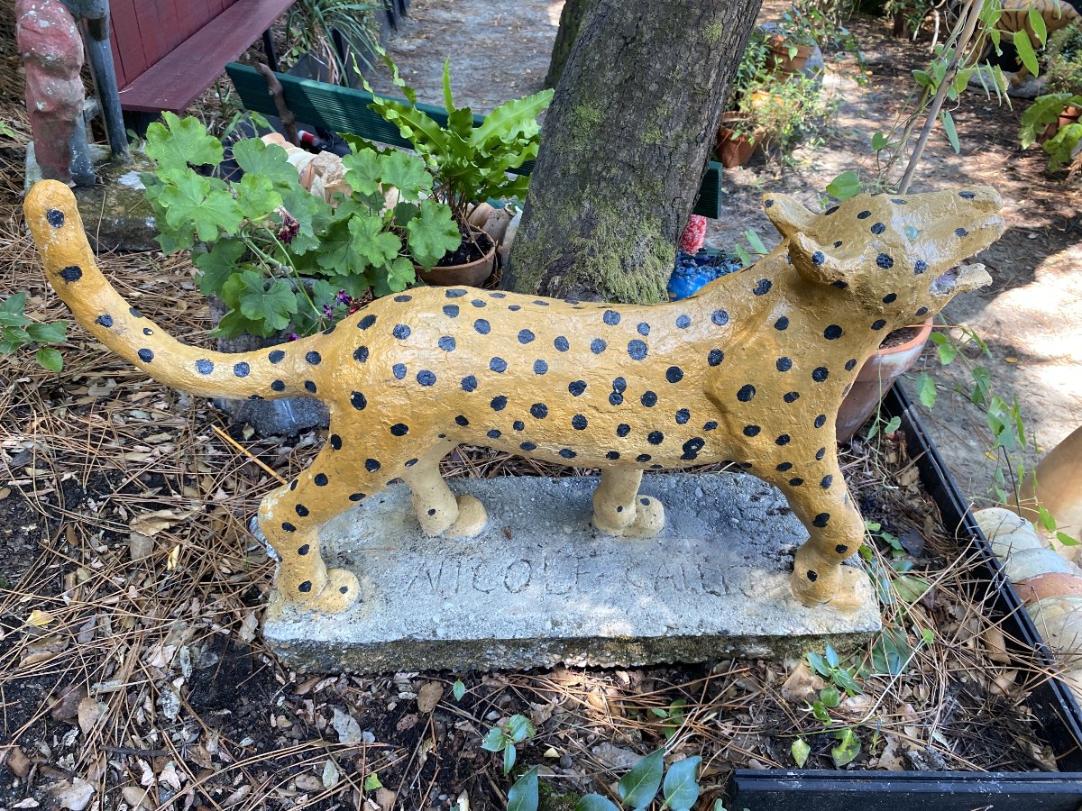 Alfonso Calleja Léopard Sculpture Animalière Années 70 Béton / Ciment Polychrome Art Brut