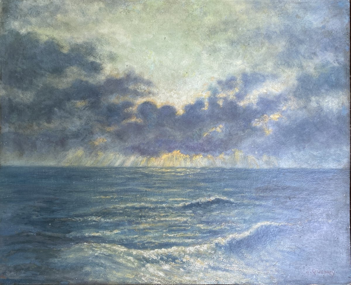 L. Quennoy Ocean View Landscape Atlantic Painting Arcachon Bay Oil On Cardboard C. 1930 