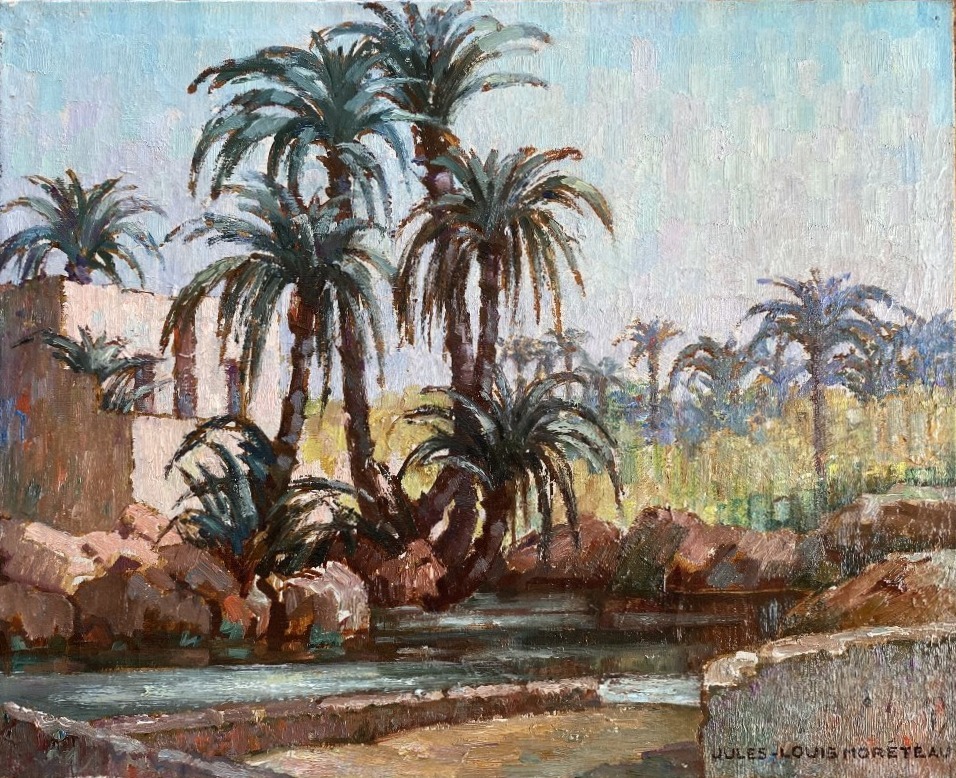 Jules-Louis Moreteau "L'abreuvoir à l'Automne" Marrakech Maroc 1930 Huile sur toile Paysage