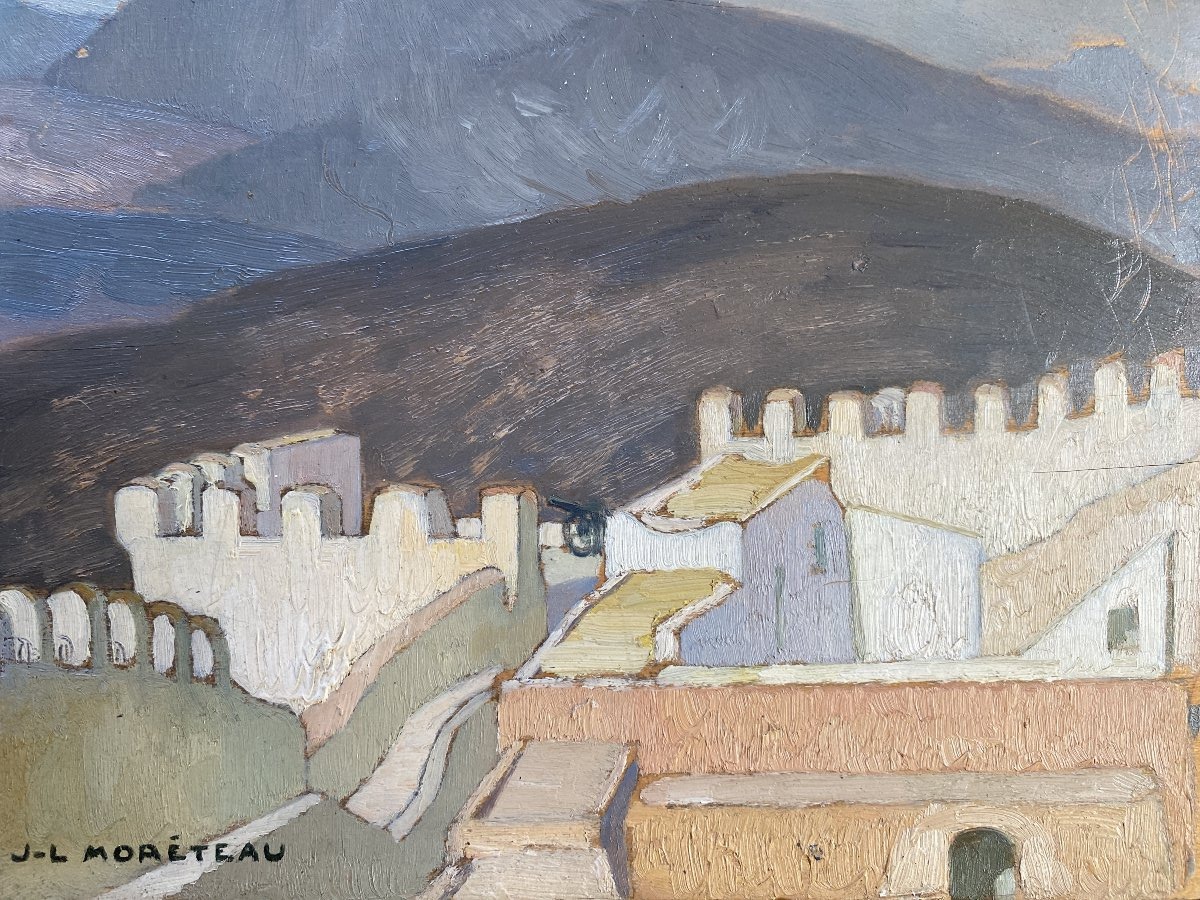 Jules-Louis Moréteau "Remparts de la Kasbah" Agadir Maroc 1927 Huile sur panneau Paysage