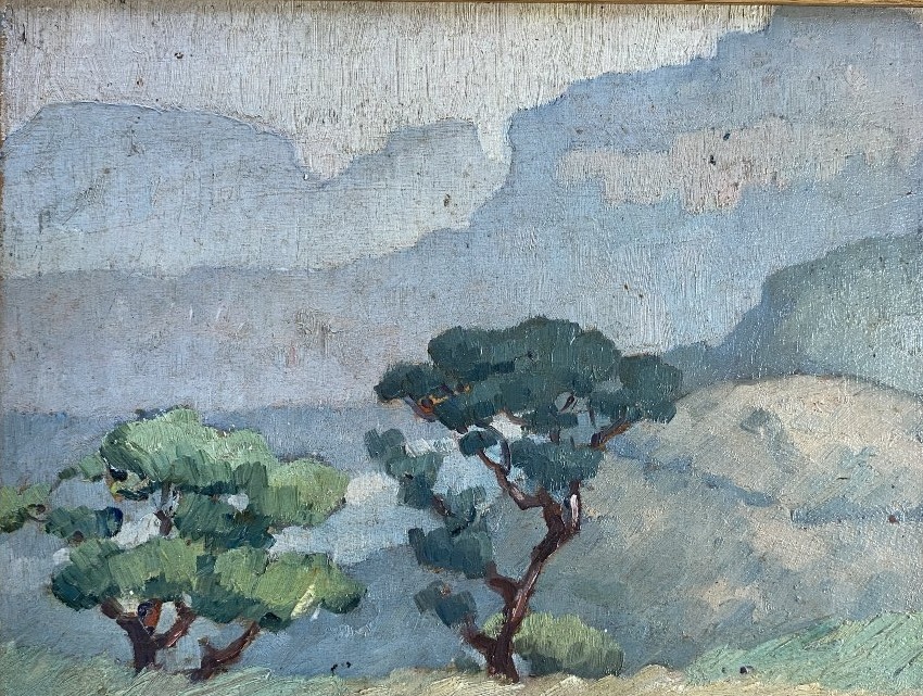 Jules-Louis Moréteau "Front de Montagnes près de Bomboli" Paysage Guinée 1936 Huile sur bois 