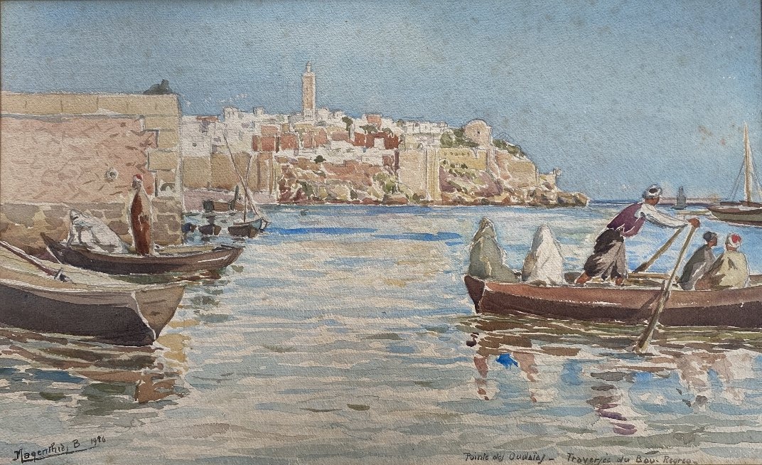 B. Magenthié Orientalist Watercolor, Pointe Des Oudayas, Bouregreg, 1926, Morocco, Rabat, Maghr