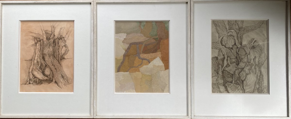 D. Martens, Ink On Paper, Triptych, Circa 1980, Abstract/botanical Motifs, Design.
