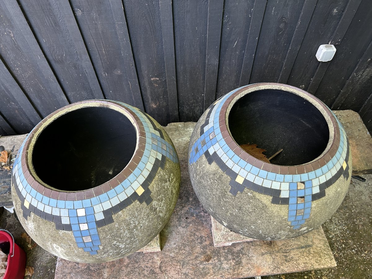 Pair Of Art Deco Cement And Mosaic Bowls / Planters, Circa 1930, Mallet-stevens (bases)-photo-4