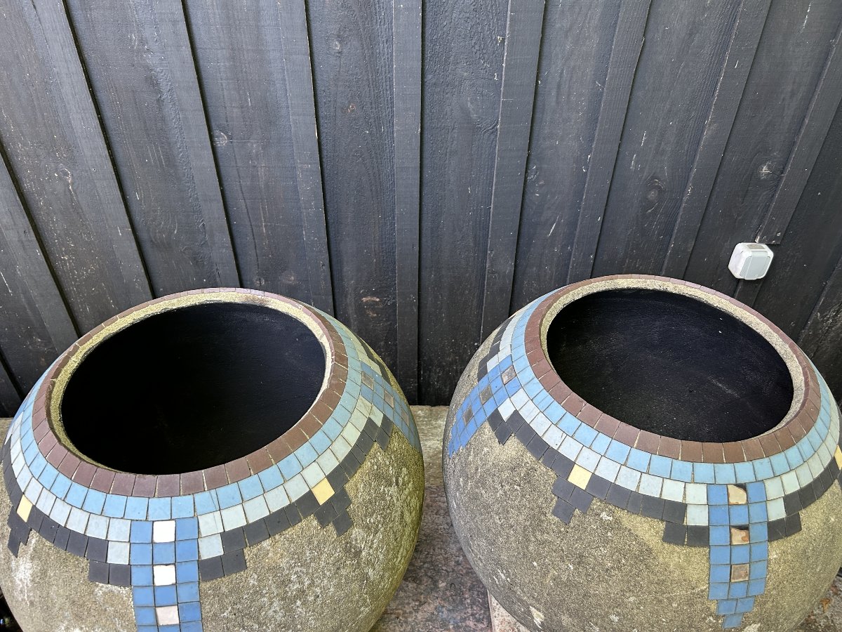 Pair Of Art Deco Cement And Mosaic Bowls / Planters, Circa 1930, Mallet-stevens (bases)-photo-1