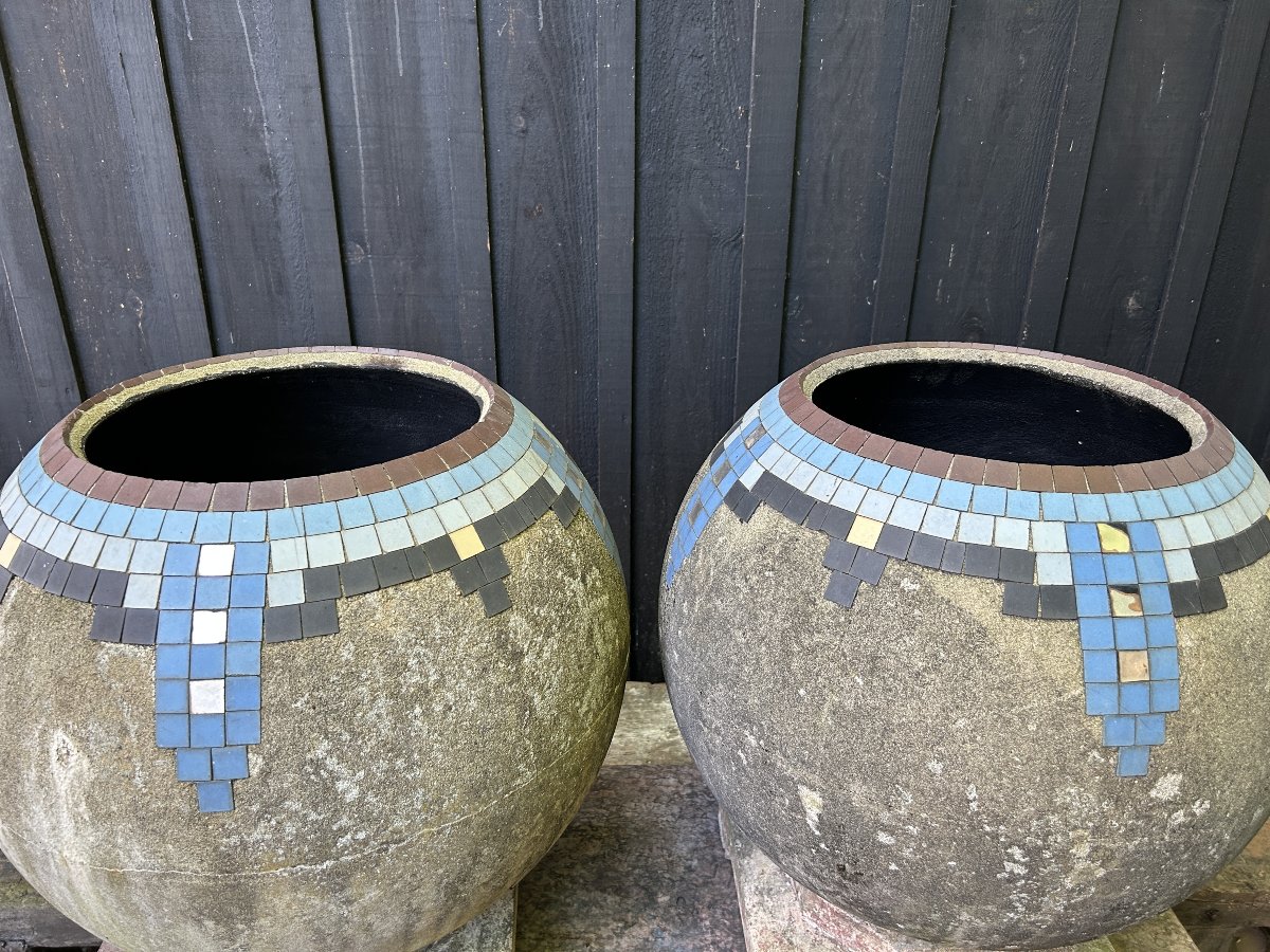 Pair Of Art Deco Cement And Mosaic Bowls / Planters, Circa 1930, Mallet-stevens (bases)-photo-2