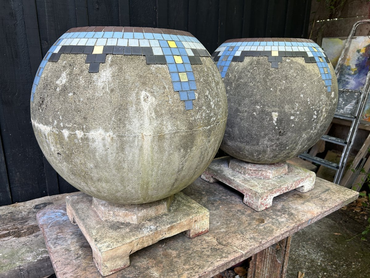 Pair Of Art Deco Cement And Mosaic Bowls / Planters, Circa 1930, Mallet-stevens (bases)-photo-4