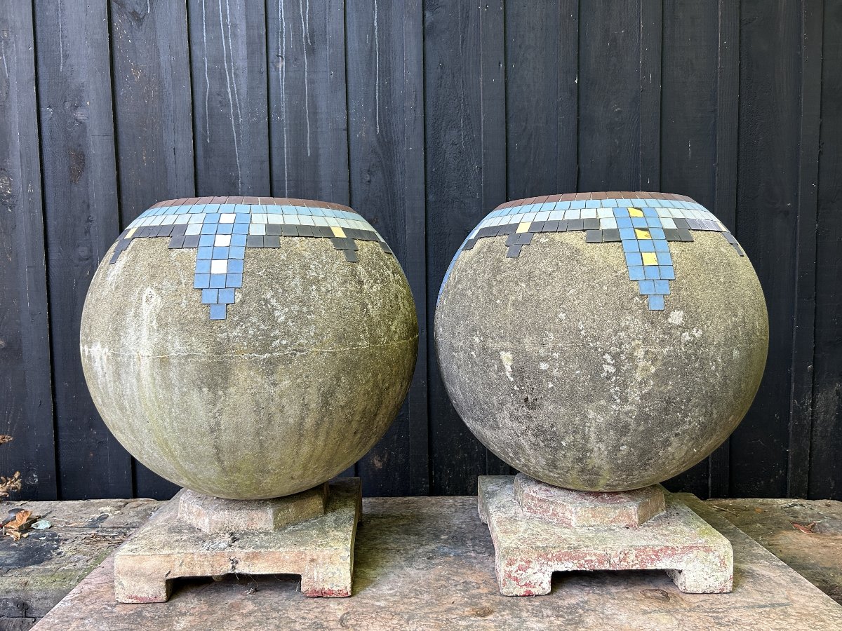Pair Of Art Deco Cement And Mosaic Bowls / Planters, Circa 1930, Mallet-stevens (bases)