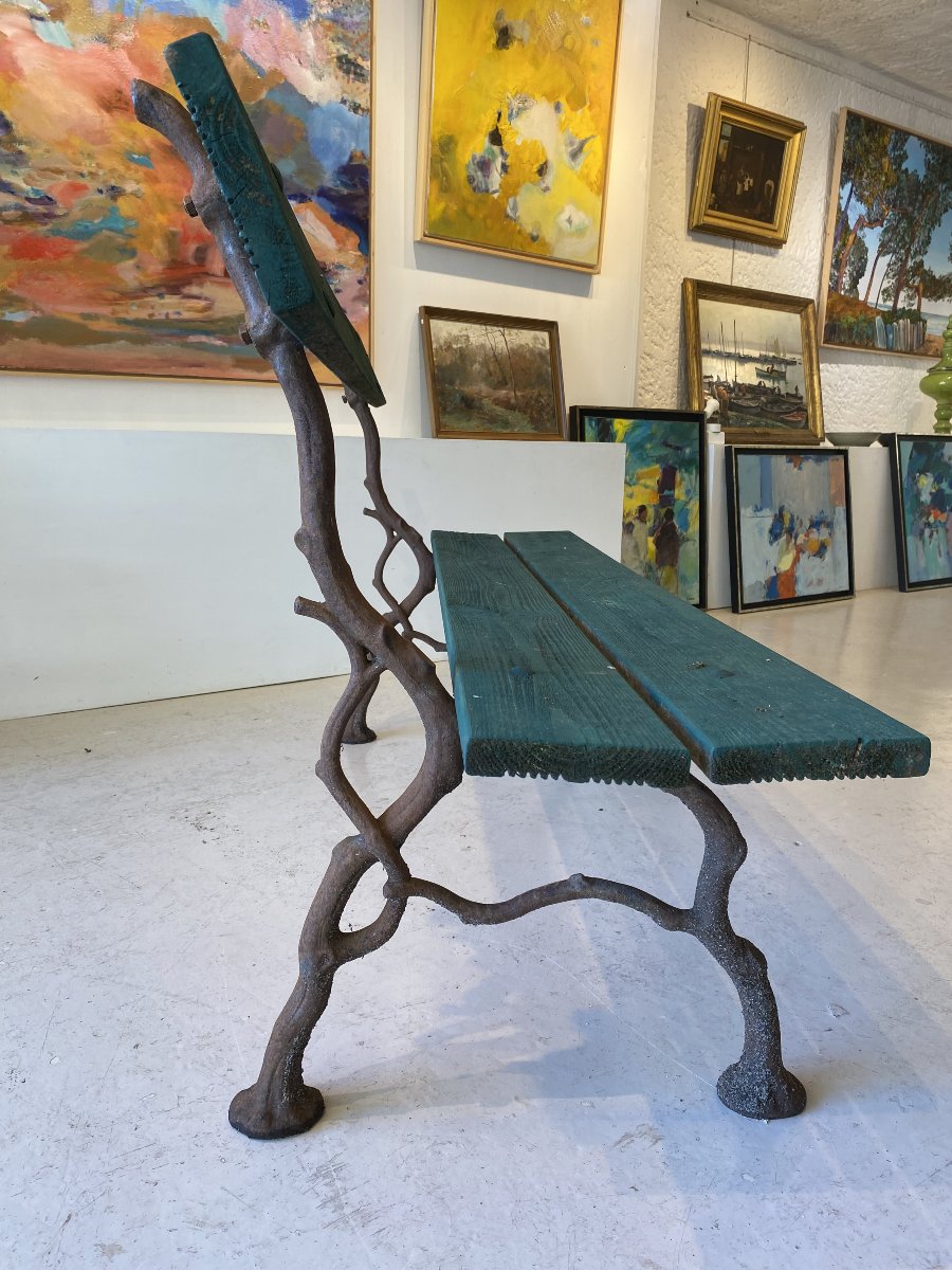 Garden Bench With A Naturalistic Cast-iron Base Featuring A Branch Motif; 19th-century Work-photo-2