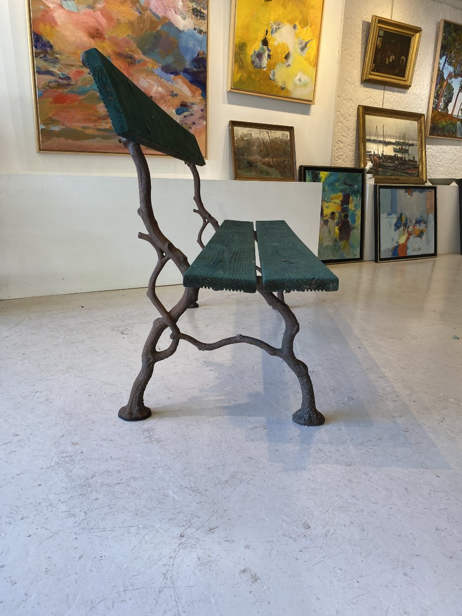 Garden Bench With A Naturalistic Cast-iron Base Featuring A Branch Motif; 19th-century Work-photo-3