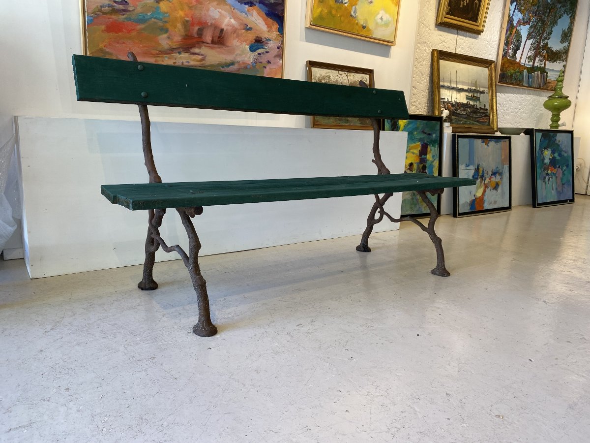 Garden Bench With A Naturalistic Cast-iron Base Featuring A Branch Motif; 19th-century Work
