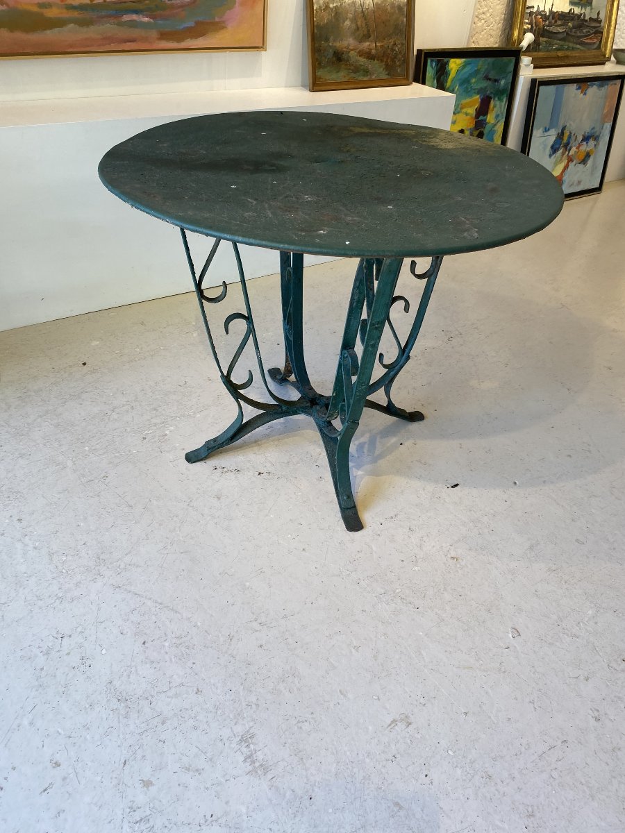 Guéridon, table de jardin, travail années 1940, piètement galbé assemblage riveté, Poillerat.-photo-2