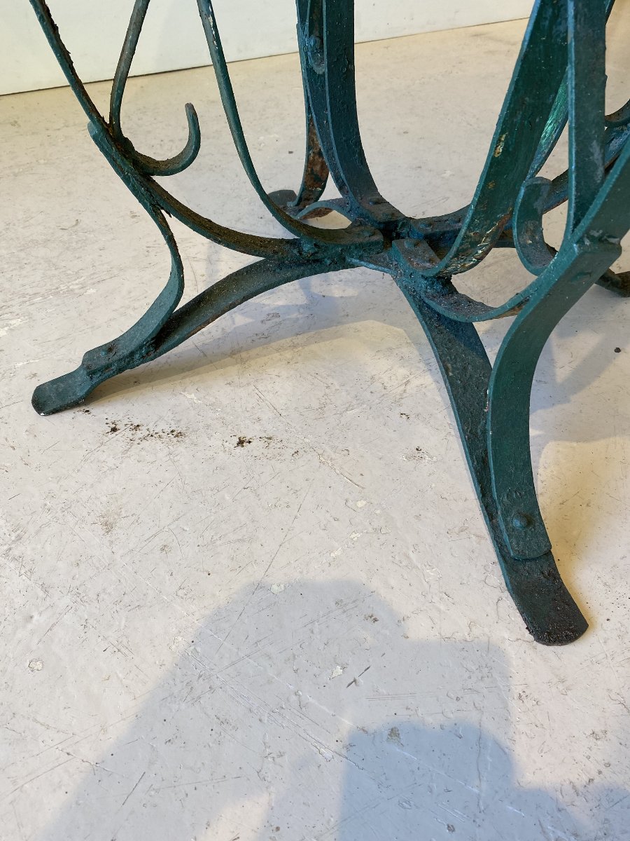 Guéridon, table de jardin, travail années 1940, piètement galbé assemblage riveté, Poillerat.-photo-3