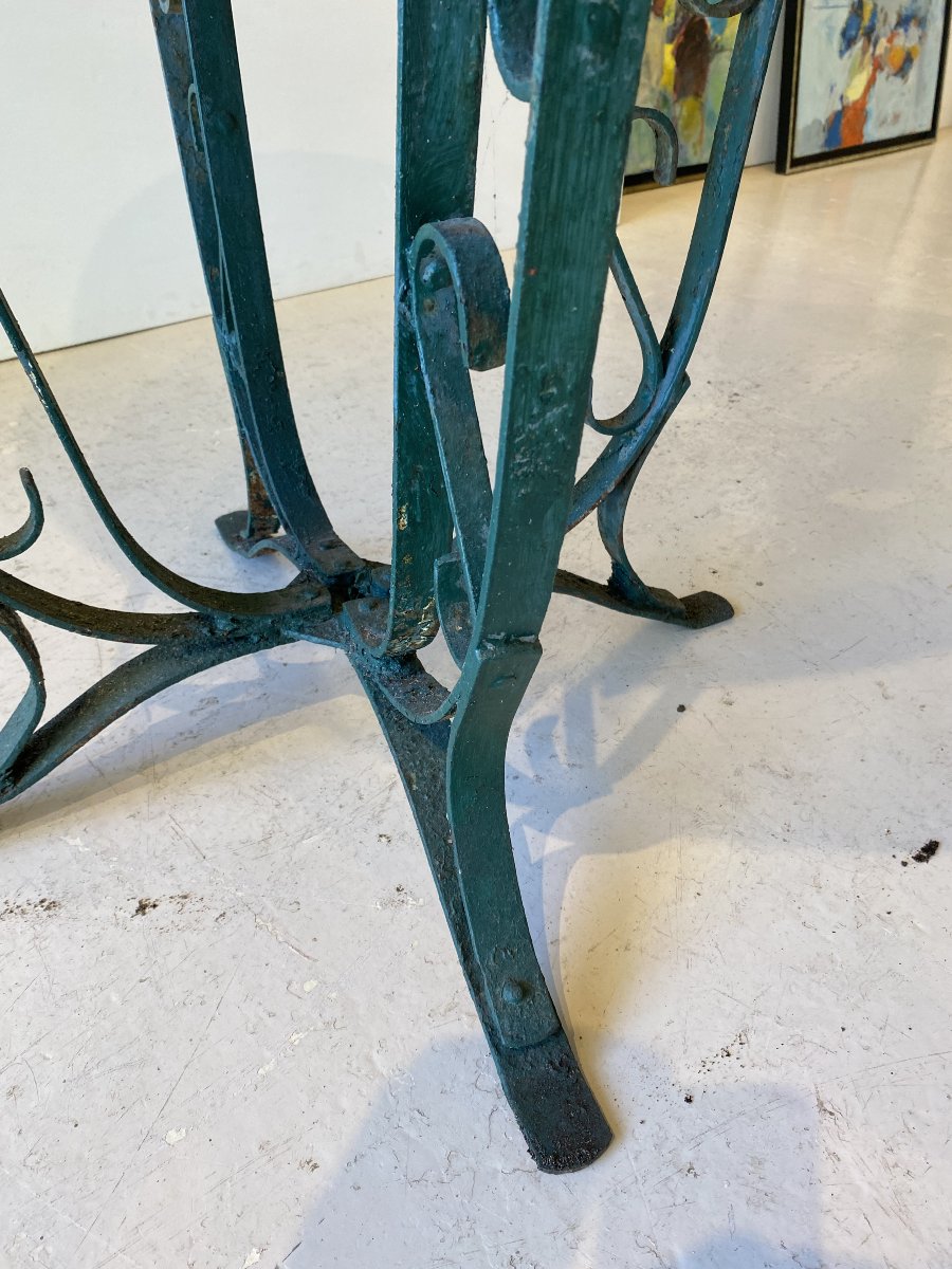 Guéridon, table de jardin, travail années 1940, piètement galbé assemblage riveté, Poillerat.-photo-4