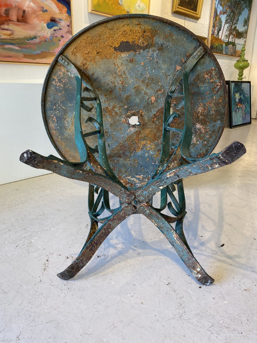 Guéridon, table de jardin, travail années 1940, piètement galbé assemblage riveté, Poillerat.-photo-4