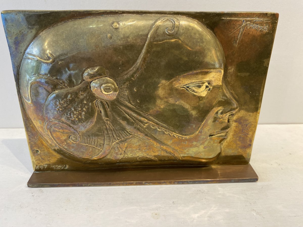 Trémois / Mohon. Sculpture, bas relief en bronze doré, profile féminin, France XX ème siècle.-photo-3