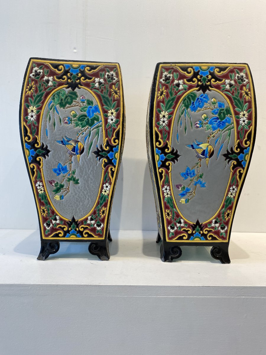 Amédée de Caranza pour Jules Vieillard Bordeaux, paire de vases japonisant motifs émaillés XIX -photo-2
