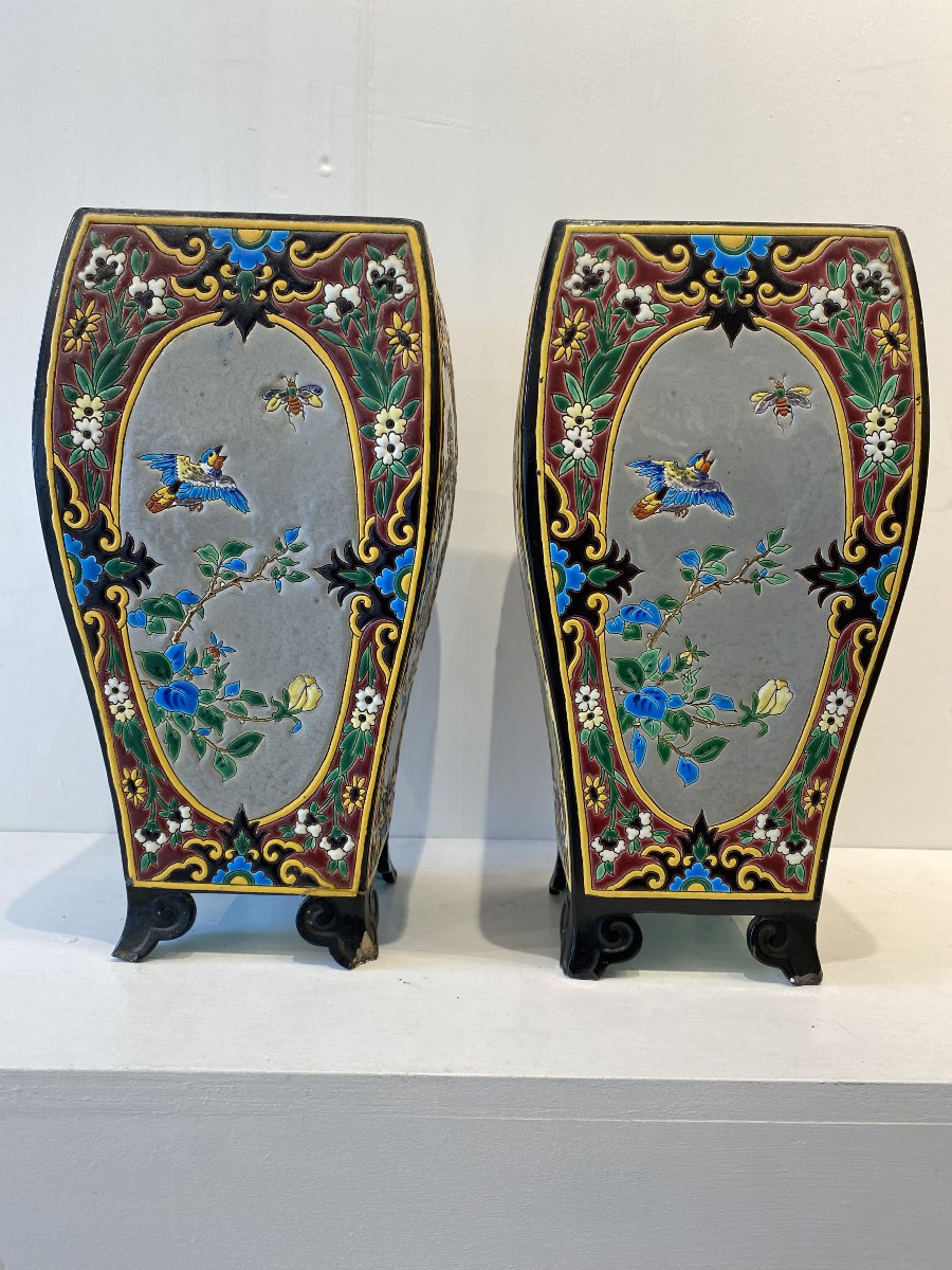 Amédée de Caranza pour Jules Vieillard Bordeaux, paire de vases japonisant motifs émaillés XIX -photo-3