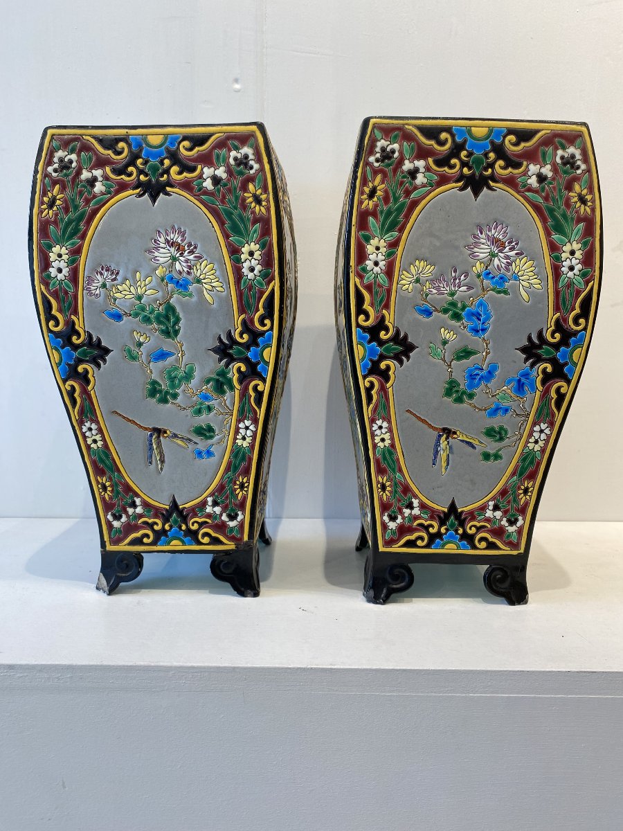 Amédée de Caranza pour Jules Vieillard Bordeaux, paire de vases japonisant motifs émaillés XIX -photo-4