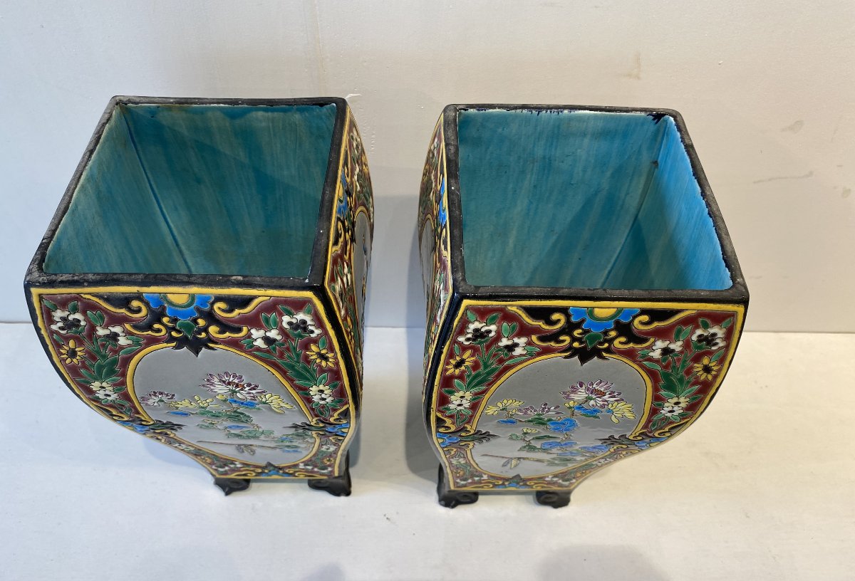 Amédée de Caranza pour Jules Vieillard Bordeaux, paire de vases japonisant motifs émaillés XIX -photo-1