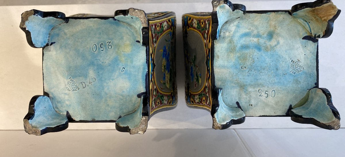 Amédée de Caranza pour Jules Vieillard Bordeaux, paire de vases japonisant motifs émaillés XIX -photo-2