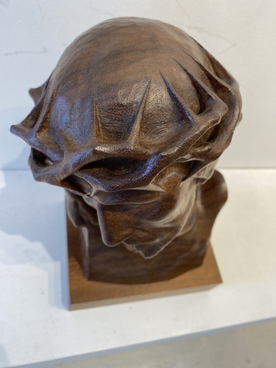 Portrait du Christ sculpture en noyer (taille directe) signée Sosson (Louis Sosson) vers 1930.-photo-4