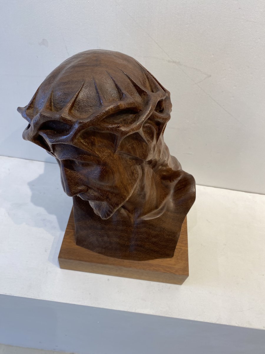 Portrait du Christ sculpture en noyer (taille directe) signée Sosson (Louis Sosson) vers 1930.-photo-4