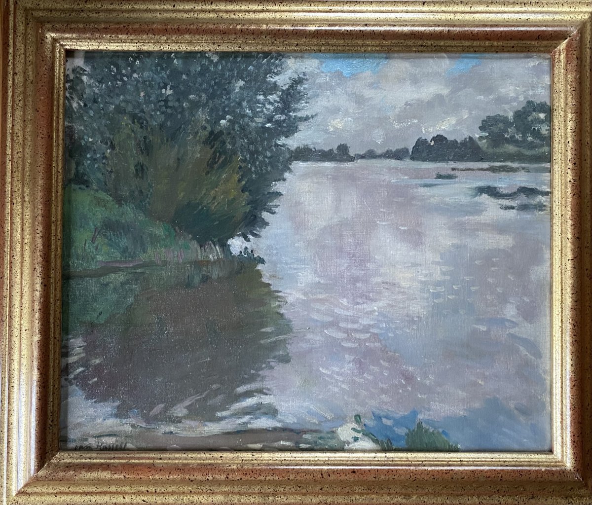 W. Van Hasselt, huile sur toile vers 1930, Bords de rivière,  la Seine,  impressioniste-photo-3