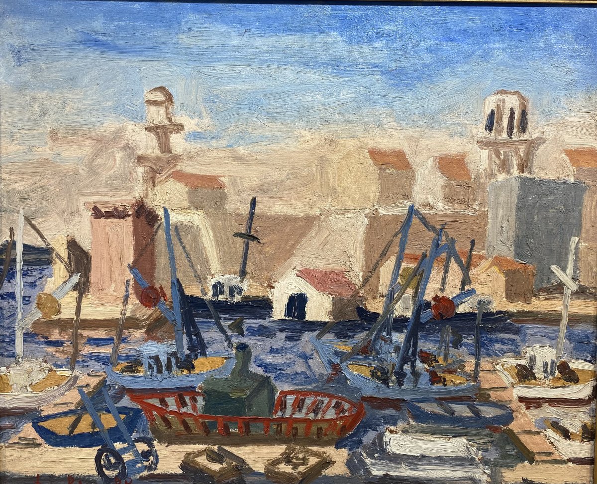 Pierre Trofimoff. Huile sur toile, Marine, Port animé, Méditéranée. Provence. Sud de la France-photo-2