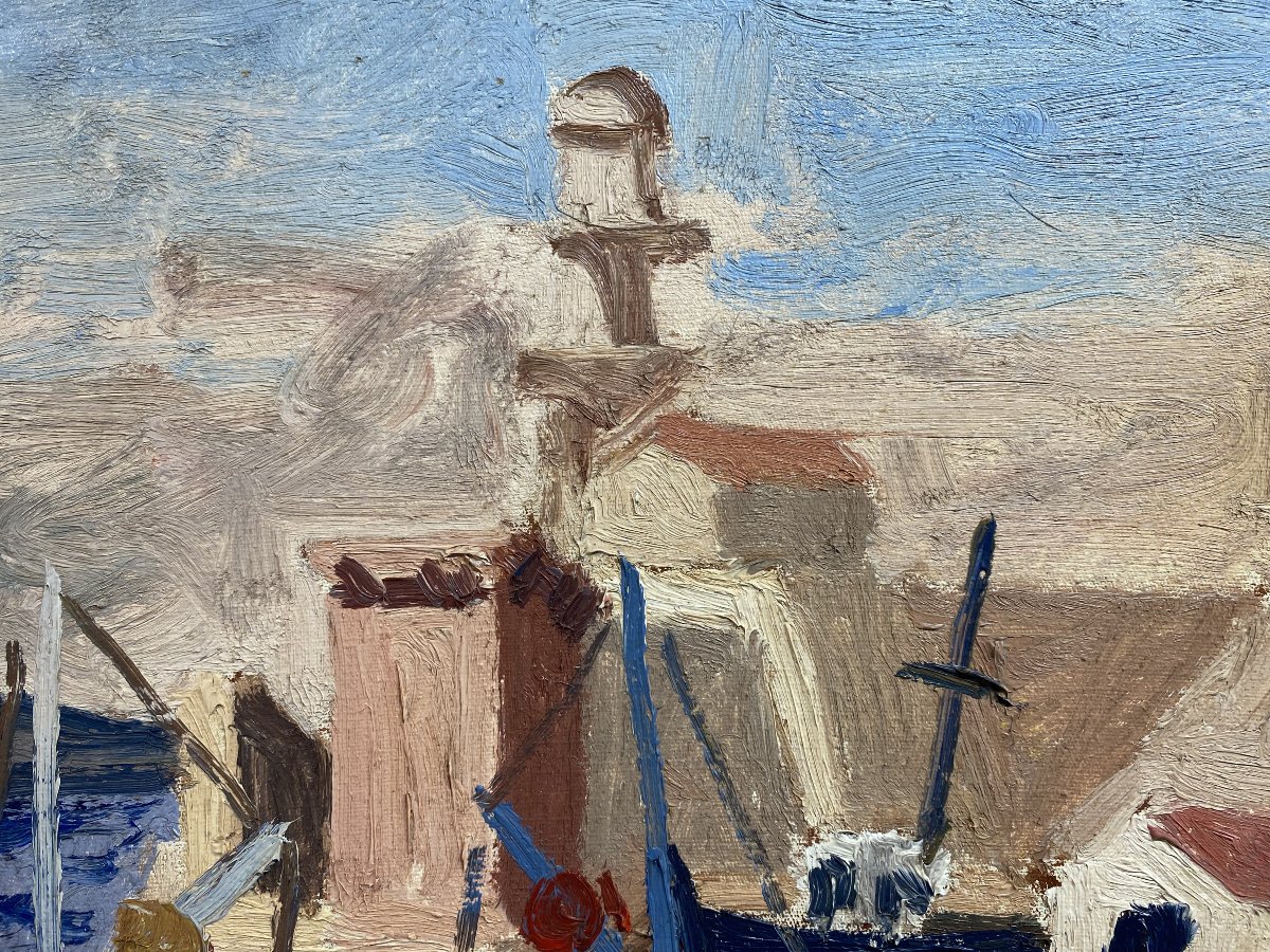 Pierre Trofimoff. Huile sur toile, Marine, Port animé, Méditéranée. Provence. Sud de la France-photo-3