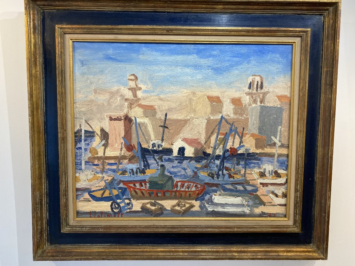 Pierre Trofimoff. Huile sur toile, Marine, Port animé, Méditéranée. Provence. Sud de la France