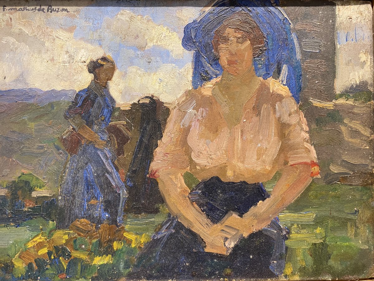 Frédéric Marius De Buzon, Oil On Cardboard, Symbolist Scene, Circa 1920. Symbolism. Bordeaux.-photo-1