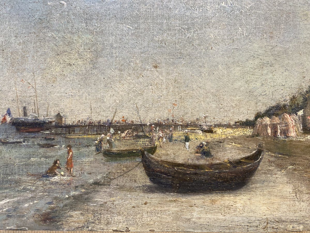 Scène de plage à Arcachon, jetée Thiers, huile sur toile ver 1880, personnages, pinasses, -photo-3