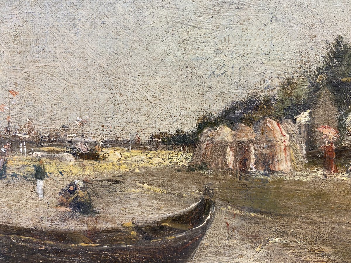 Scène de plage à Arcachon, jetée Thiers, huile sur toile ver 1880, personnages, pinasses, -photo-4