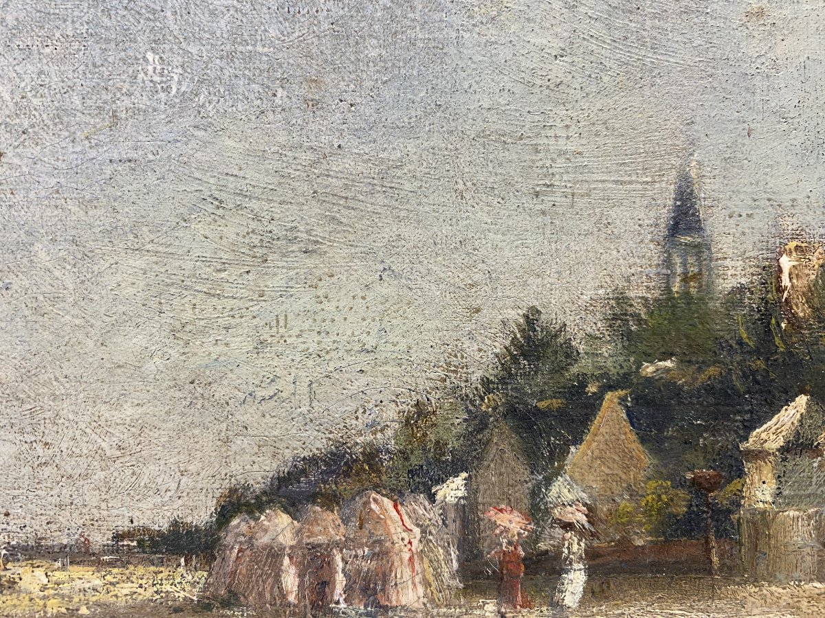 Scène de plage à Arcachon, jetée Thiers, huile sur toile ver 1880, personnages, pinasses, -photo-1
