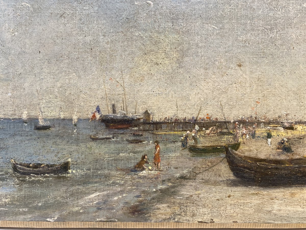 Scène de plage à Arcachon, jetée Thiers, huile sur toile ver 1880, personnages, pinasses, 