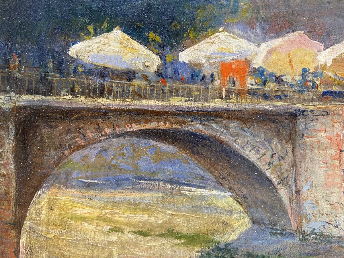Pierre Forest, marché au fleurs sur le pont, huile sur bois vers 1920. Paris. Lyon. France.-photo-3