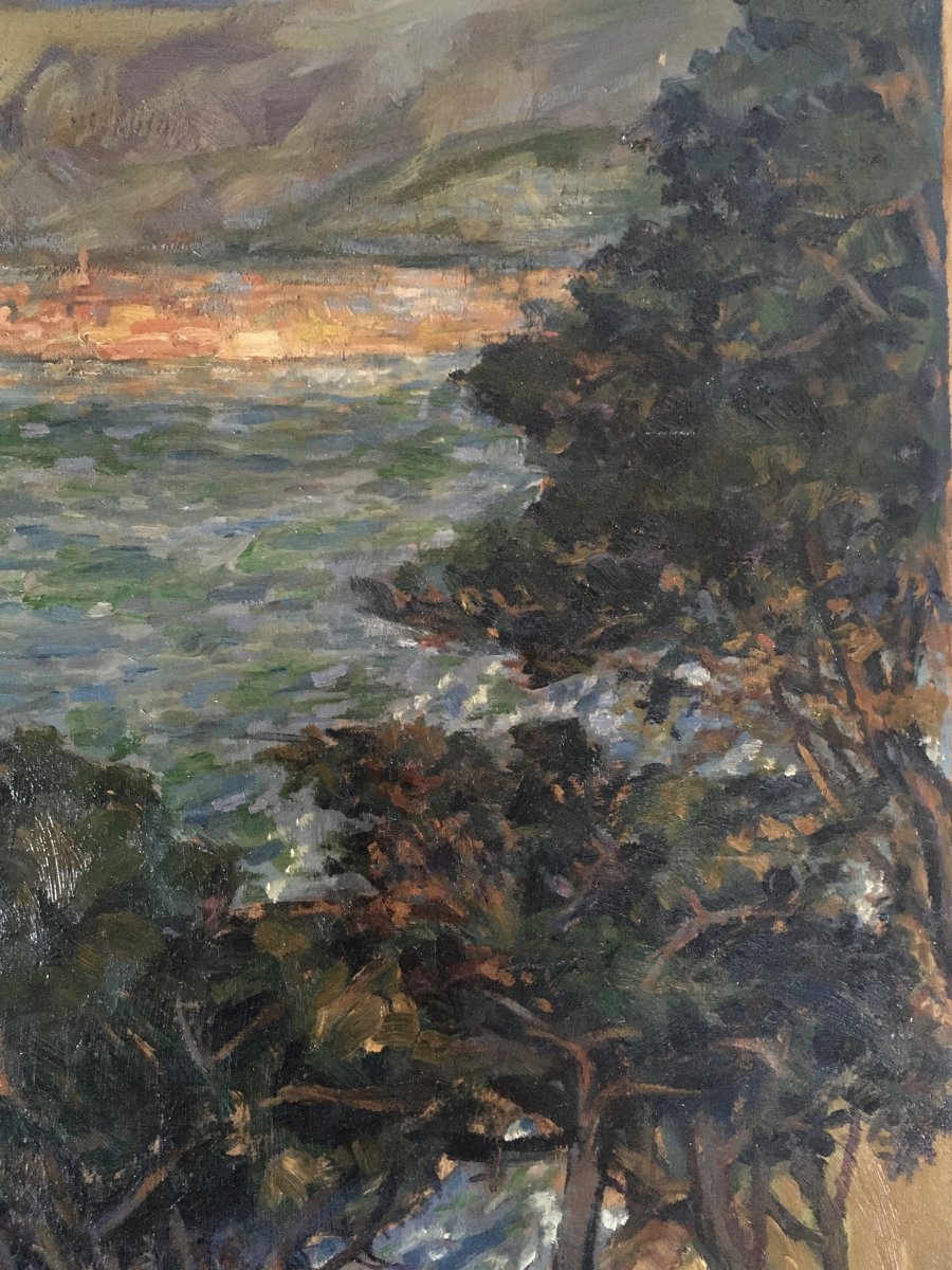 Eugène Léon l' Hoest. Huile Sur Panneau, Vue De La Mer Méditerranée. 1920. Beau Format.-photo-4