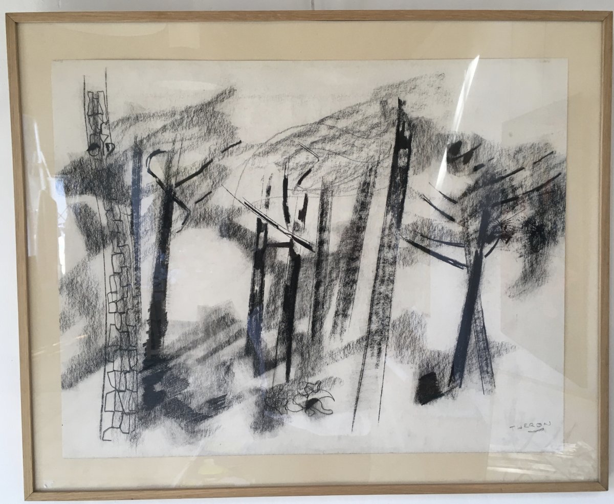 Pierre Théron. Dessin Fusain Original. Pins  Sur Le Bassin d' Arcachon.