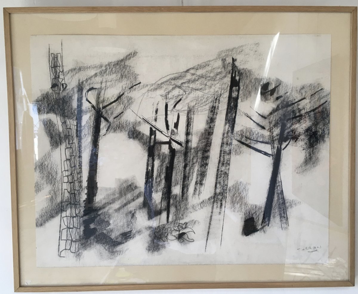 Pierre Théron. Original Charcoal Drawing. Pines On The Arcachon Basin.